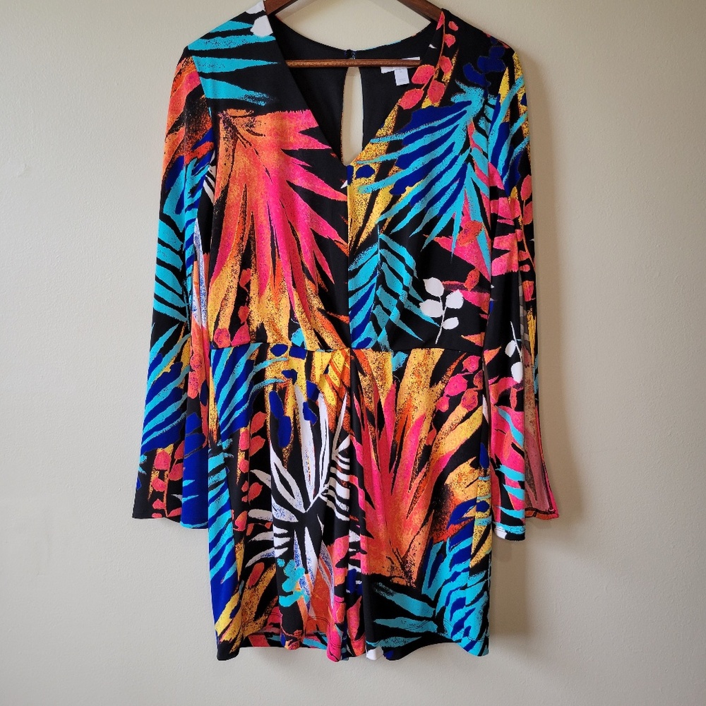 New York & Company Romper Multicolor Tropical Retro Bell Sleeves Size M